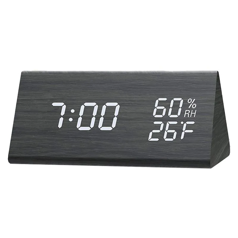 LED Triangle Wooden Digital Alarm Clock with Voice Control - Black