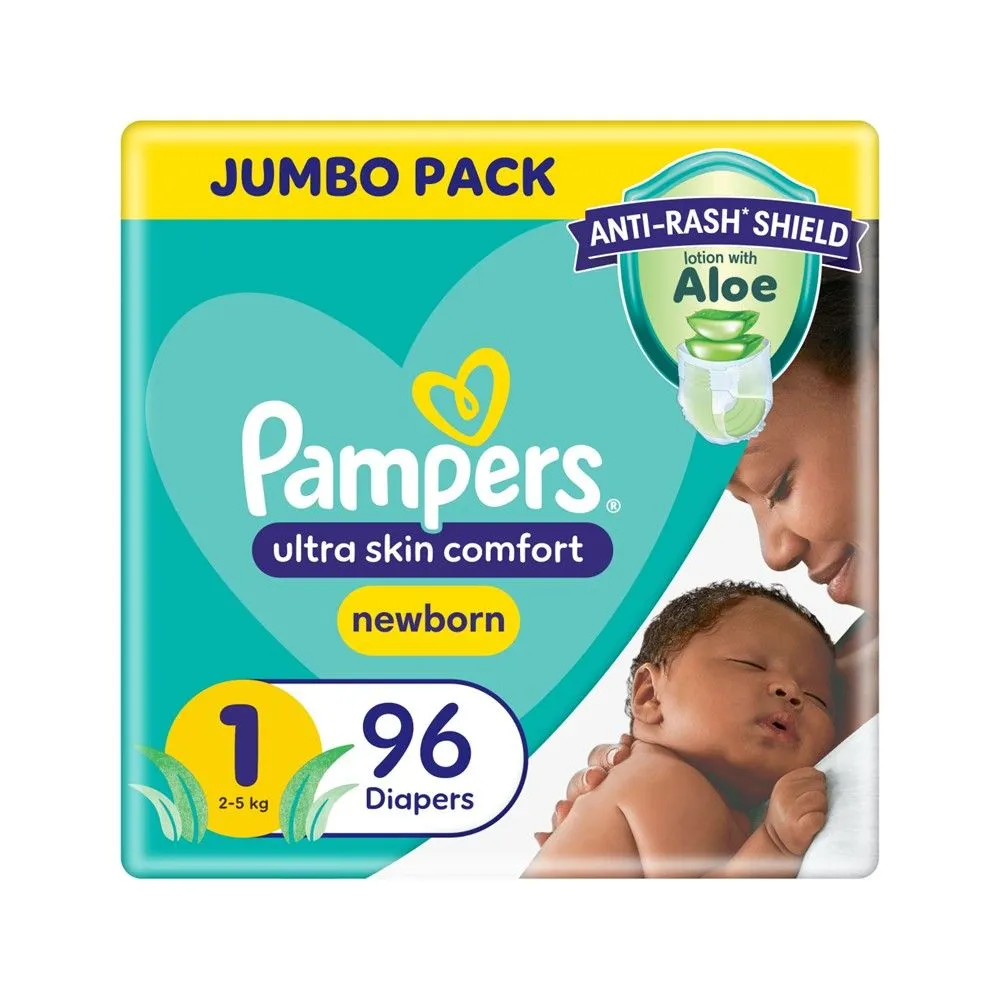 Pampers Anti-Rash Shield Taped Size 1 (2-5 kg) 96 Nappies, Lotion With Aloe