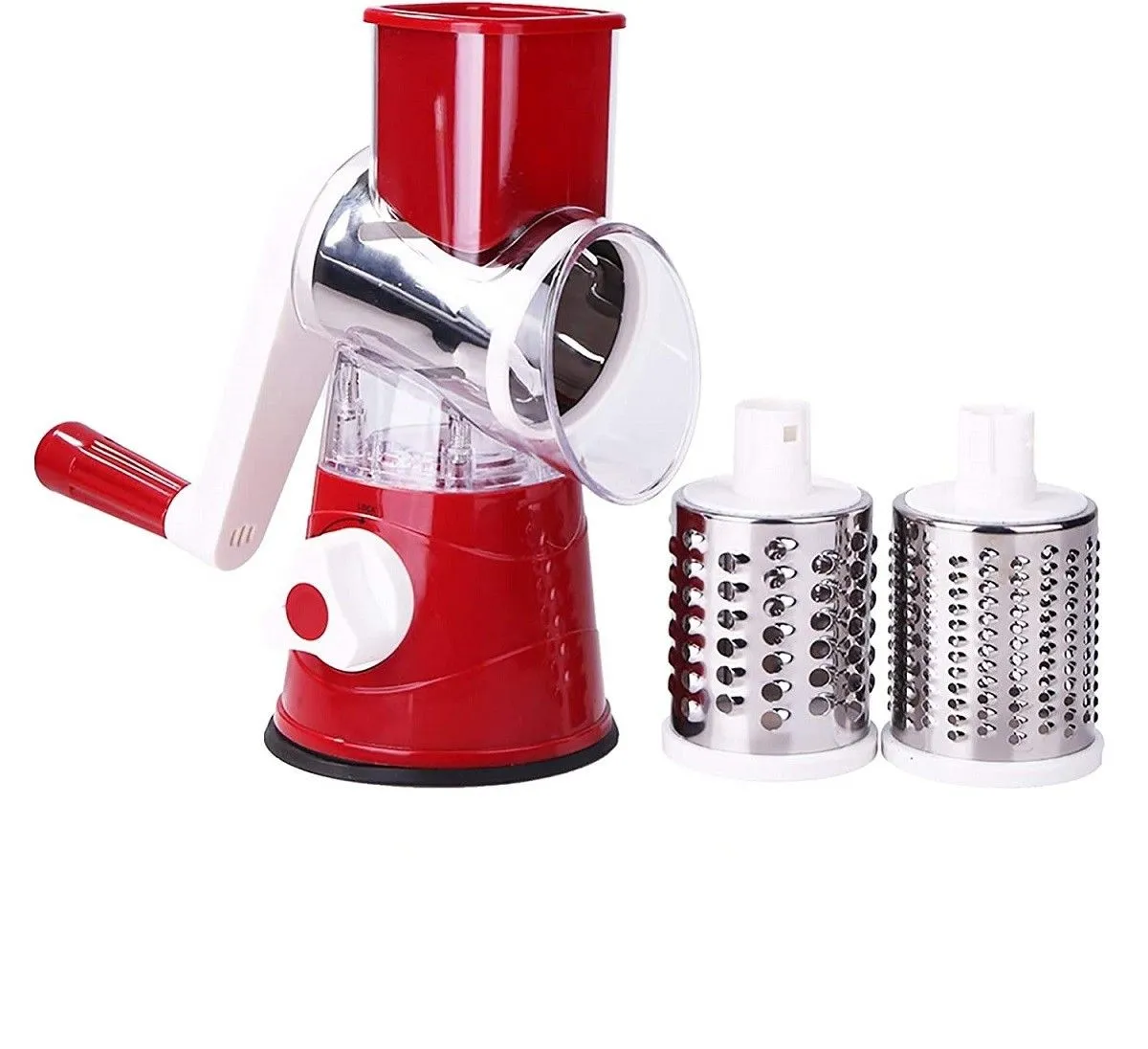 Multifunctional Shredder Tabletop Drum Grater with 3 Interchangeable Drums (Red)