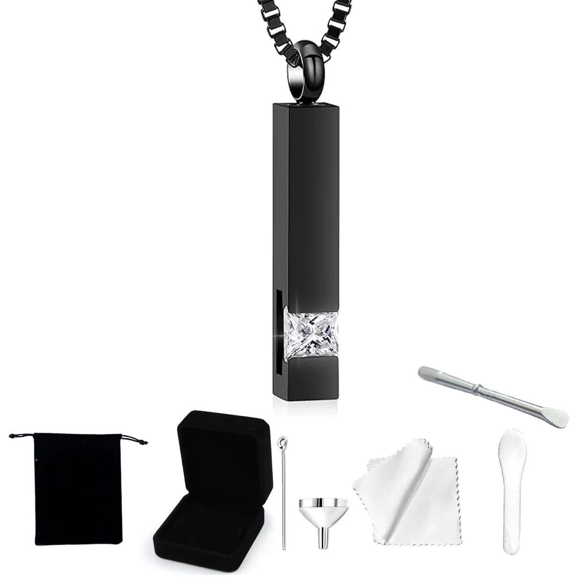 Urn Necklaces Set for Ashes Crystal Cremation Urn Jewelry Birthstone Cube - Black