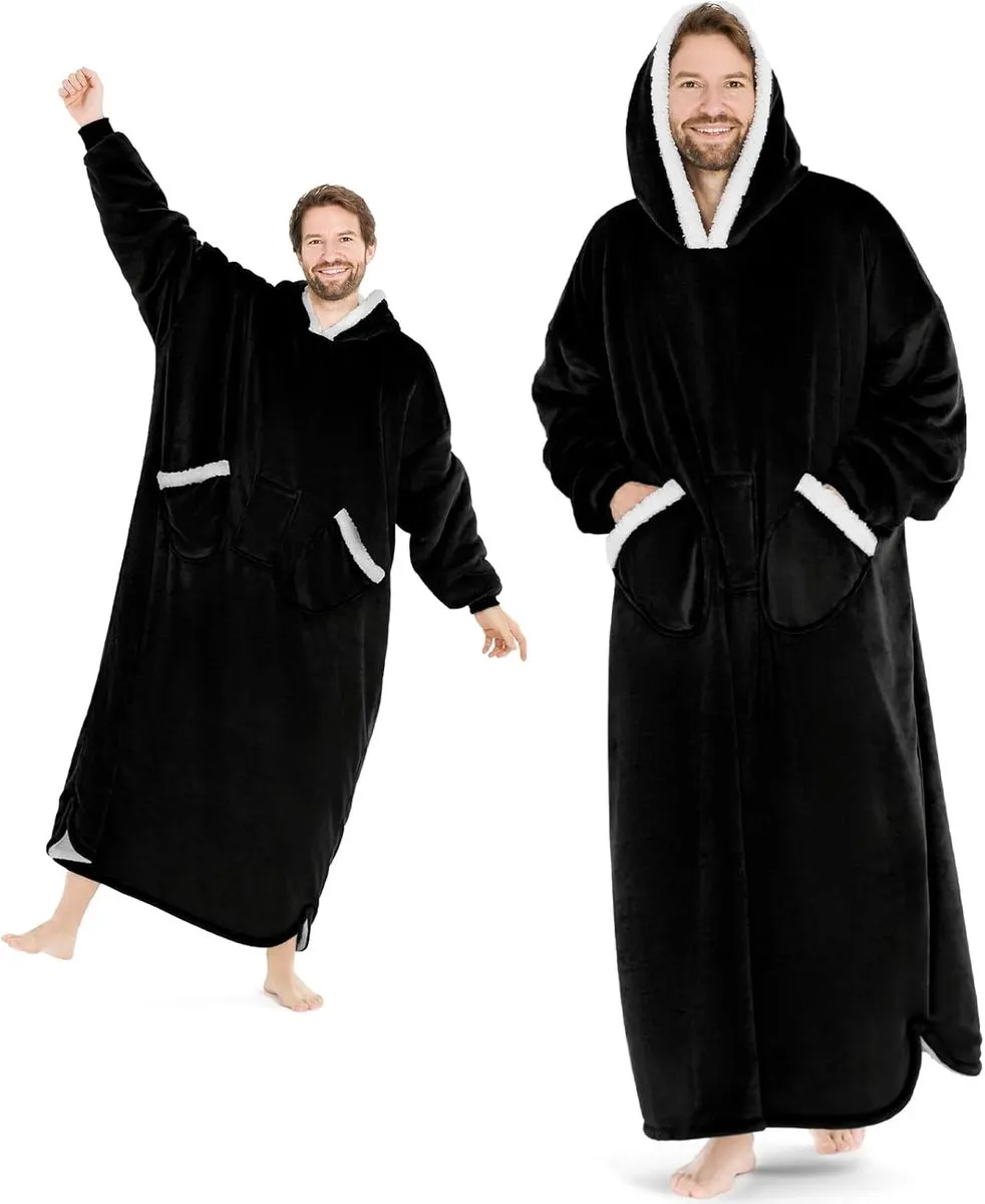 Oversized Hoodie Blanket, Sherpa & Fleece Wearable Blanket - Black
