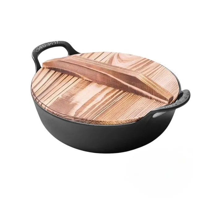 25cm Cast Iron Casserole Pot with Wooden Lid and Handles Cooking Pot