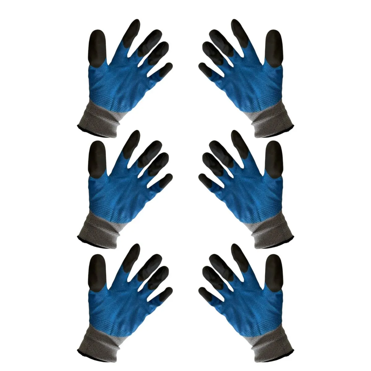 3 pairs Double-Dip Grey Work Gloves with Blue Coating and Black Tips