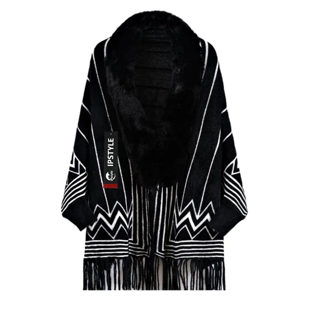 IPSTYLE Women Shawl Warm Lady Cloak Poncho Capes Autumn Winter Sweater - Black
