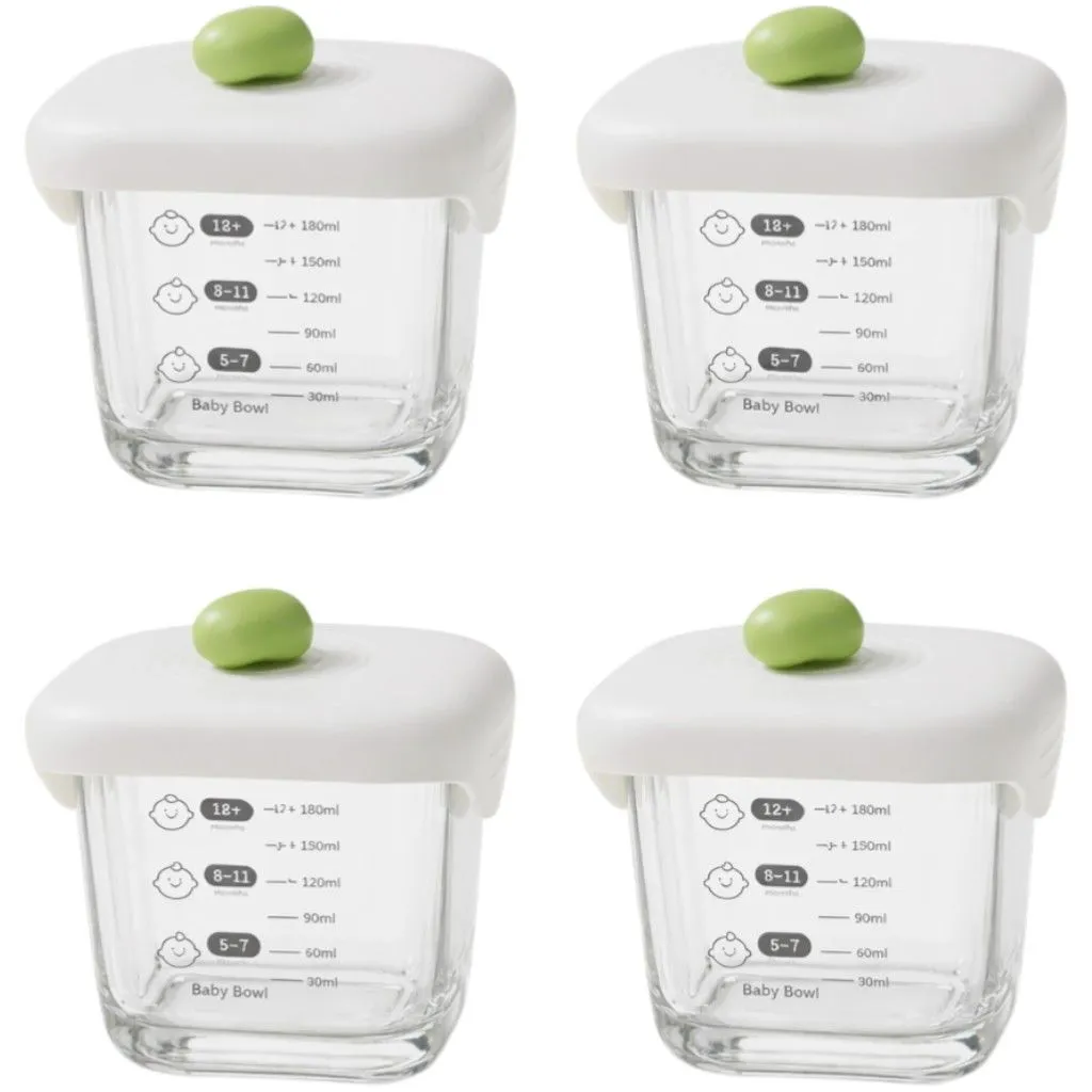 4 Pack - Square Baby Food Glass Bowl With Lid - White