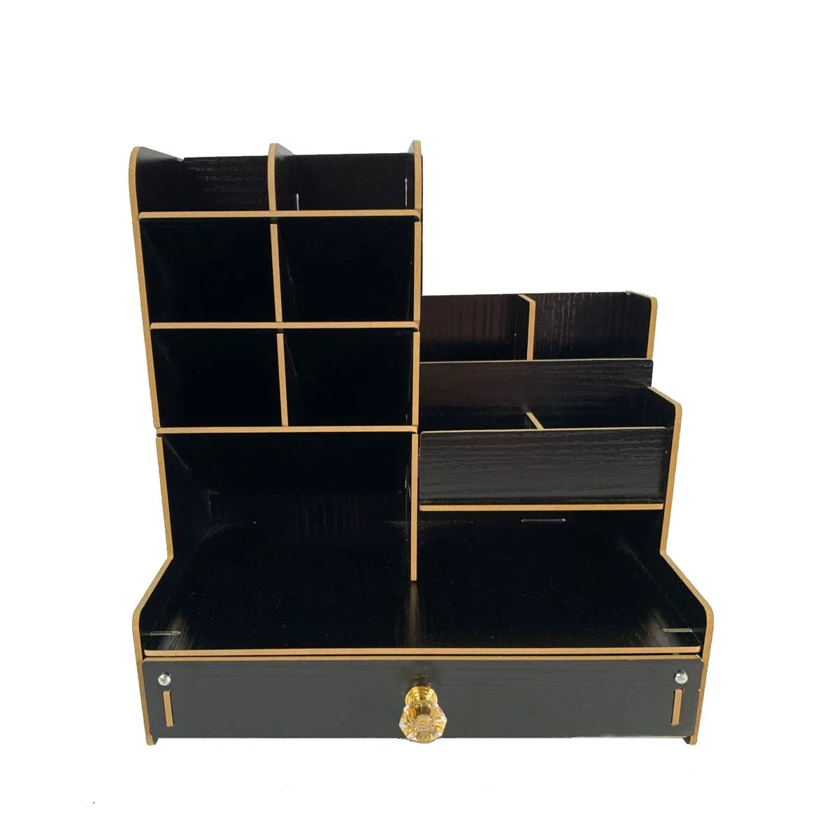 Wooden Desktop Stationery Organizer With 10 Compartment & Storage Drawers - Black