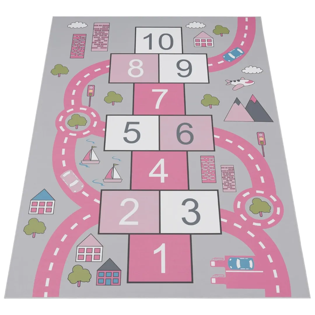 Playful Hopscotch and Street-Themed Kids Room Rug