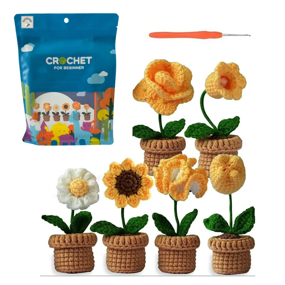 Crochet Amigurumi Kit - Yellow Mini Flower Potted Plants Wool Art DIY Craft