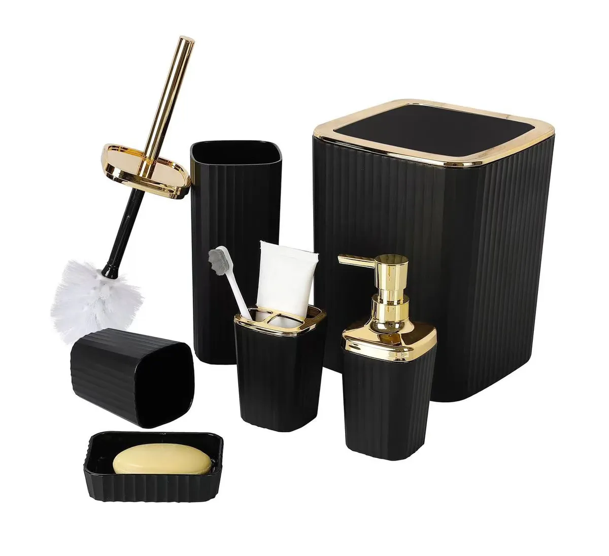 6 Piece Bathroom Set With Golden Lids - Black