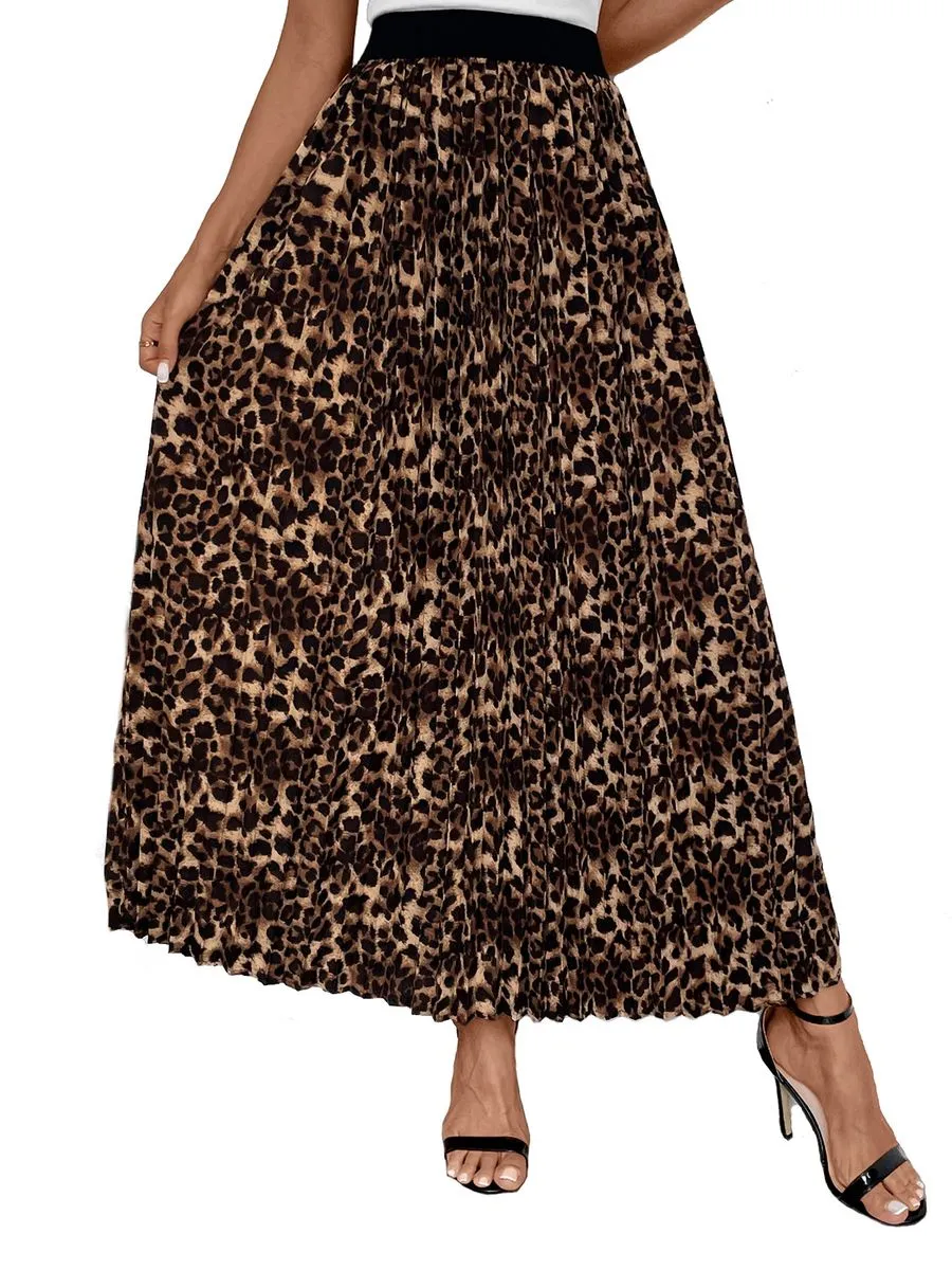 Women's Leopard Print Elastic High Waist Pleated A-Line Long Skirts