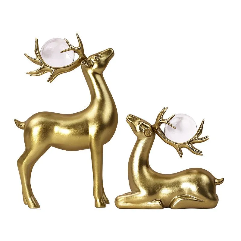 Golden Reindeer Figurine Set - Resin Home Decor
