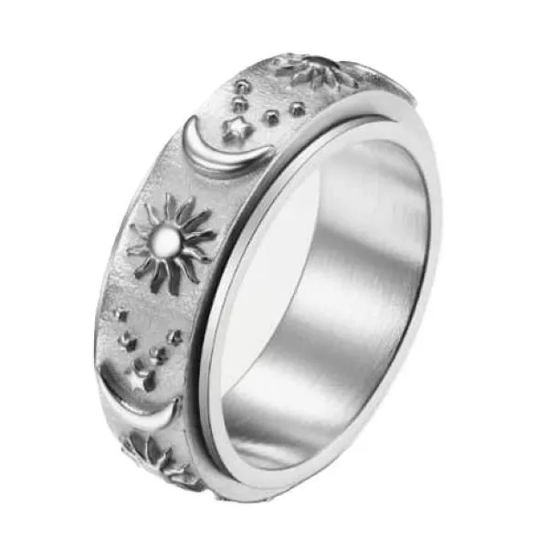 Sun, Moon, Star Spinner Ring: Silver Fidget Ring, Stainless Steel