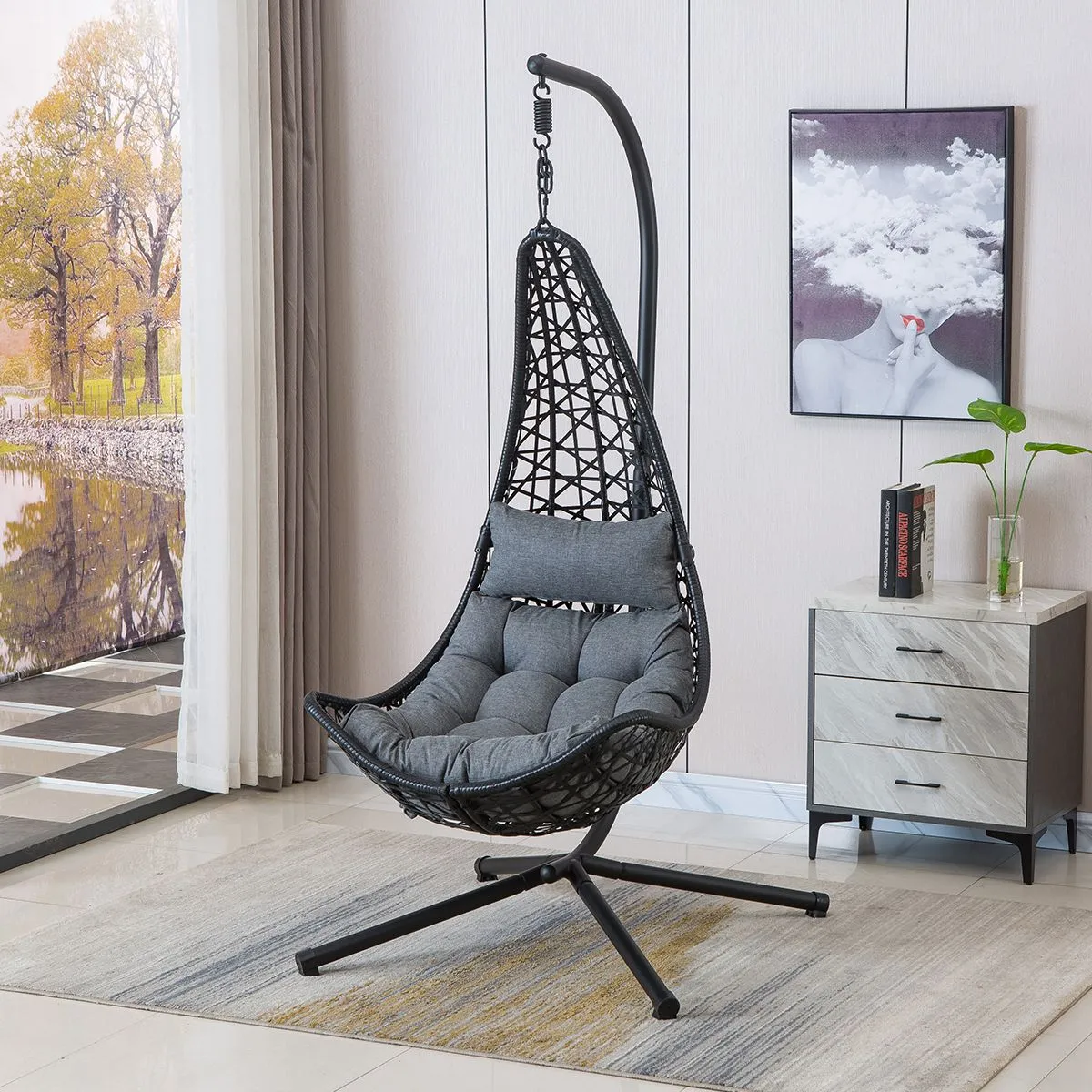 Hanging Chair Swing Chair Hammock With Cushion Pillow - Grey