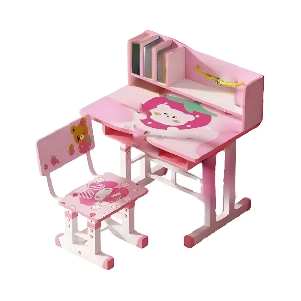 Nordic Girls Height Adjustable Cartoon Study Table With Shelves And Chair