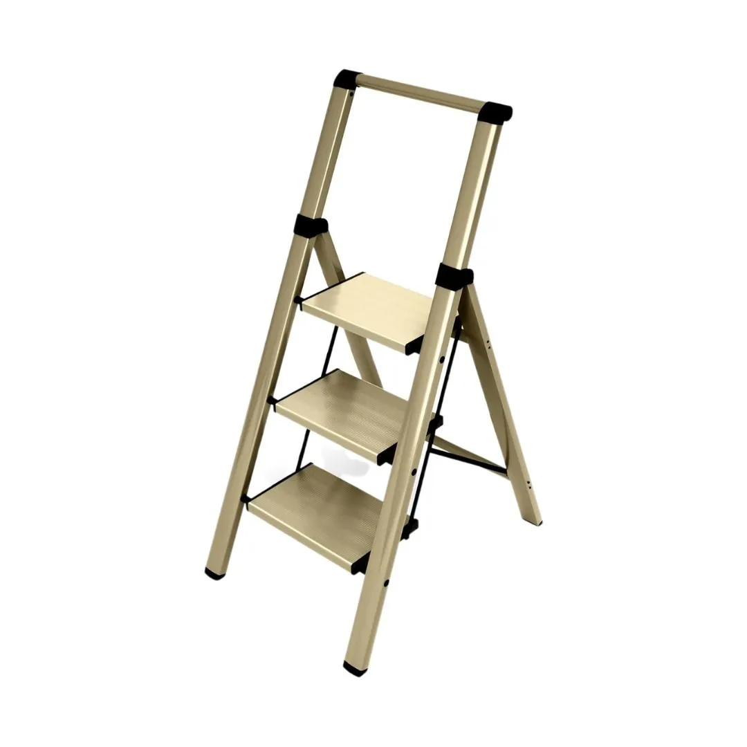 3-Step Folding Ladder with Safety Handrail - Gold