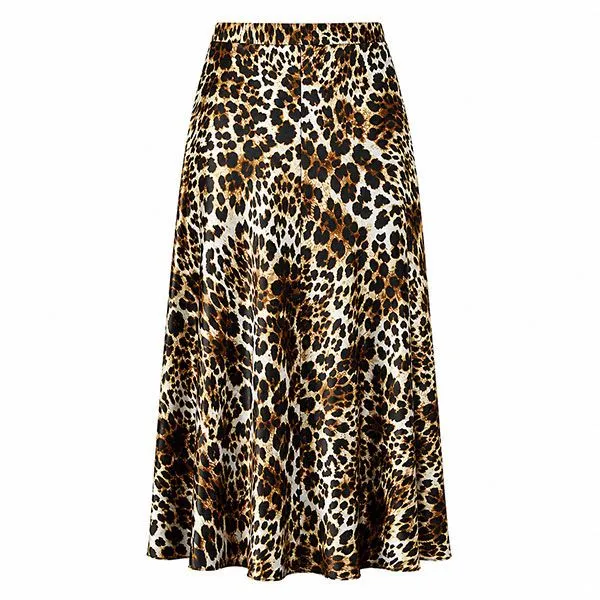 Women's Leopard Print Satin High-Waisted Flared Midi Skirt