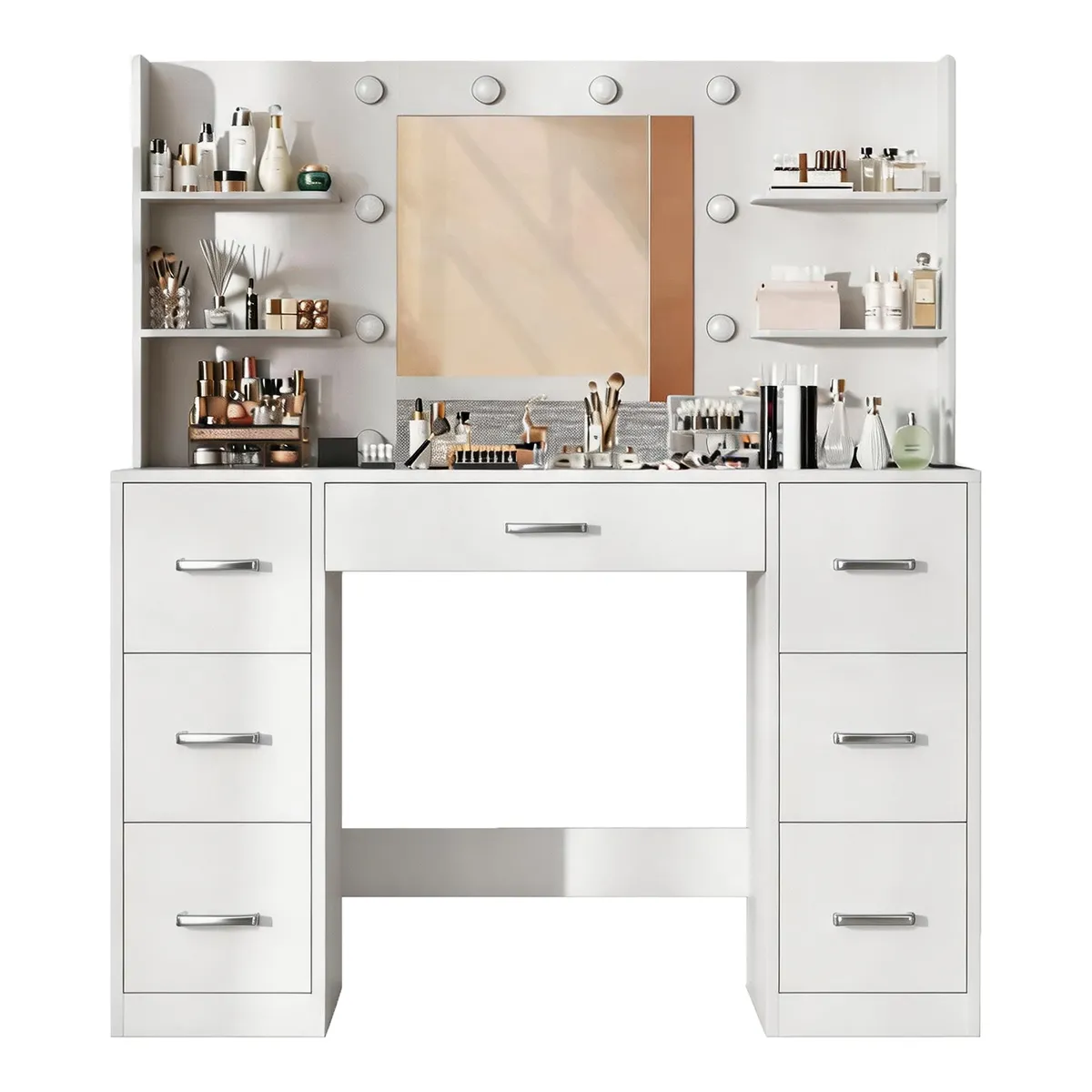 Furnny Vanity Desk with Power Outlet - 7 Drawers, 10 Lights, 3 Colour Modes
