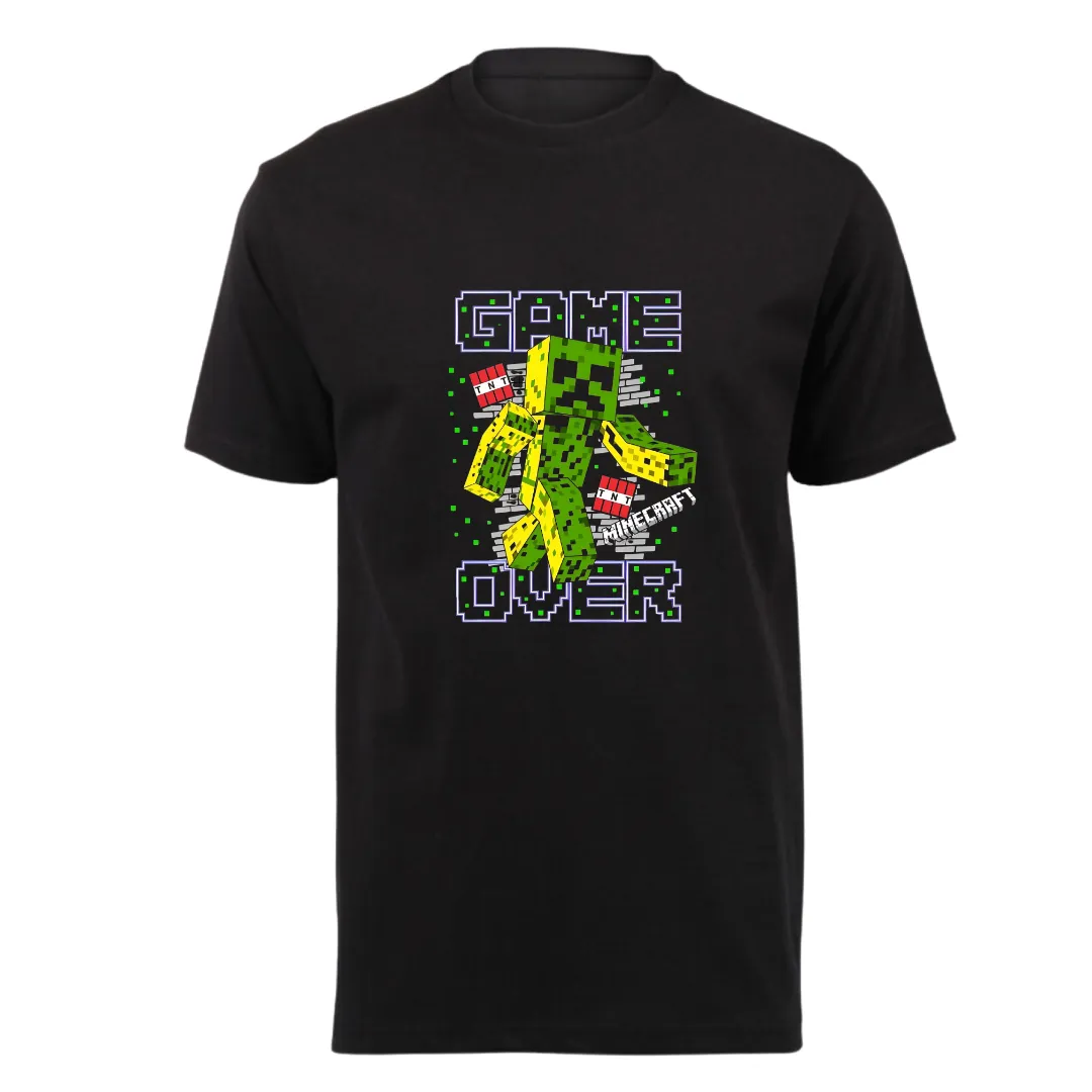 Kids Black Short Sleeve T-Shirt - Game Over Minecraft Graphic T-Shirt