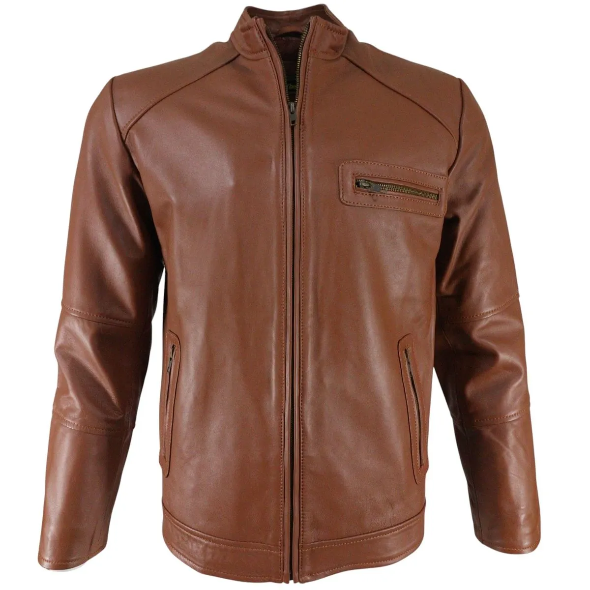 Mens Genuine Sheep Leather Regular Fit Jacket - Dark Tan