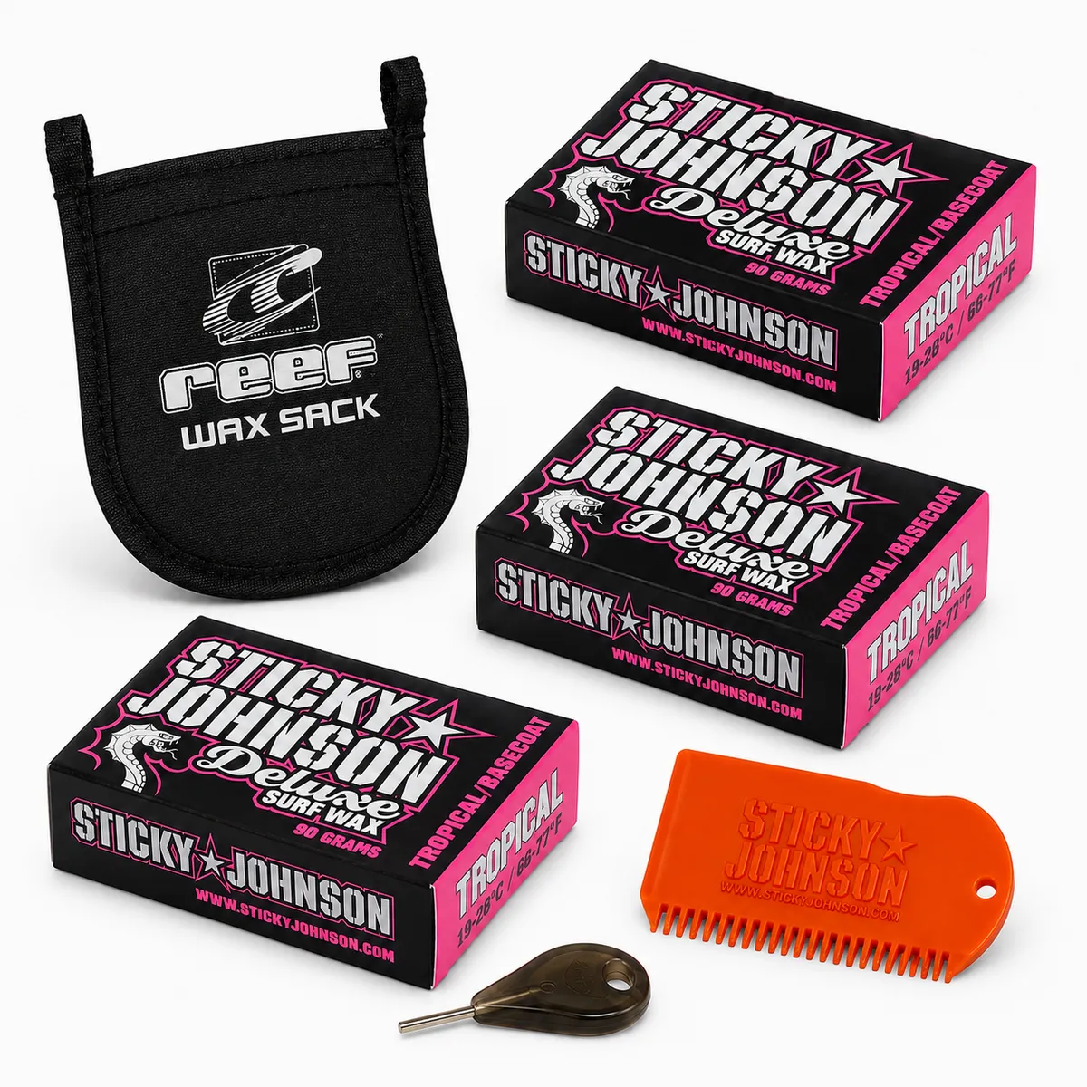 Sticky Johnson Surfboard Wax Tropical 3-Pack, Wax Sack, Fin Key, and Comb