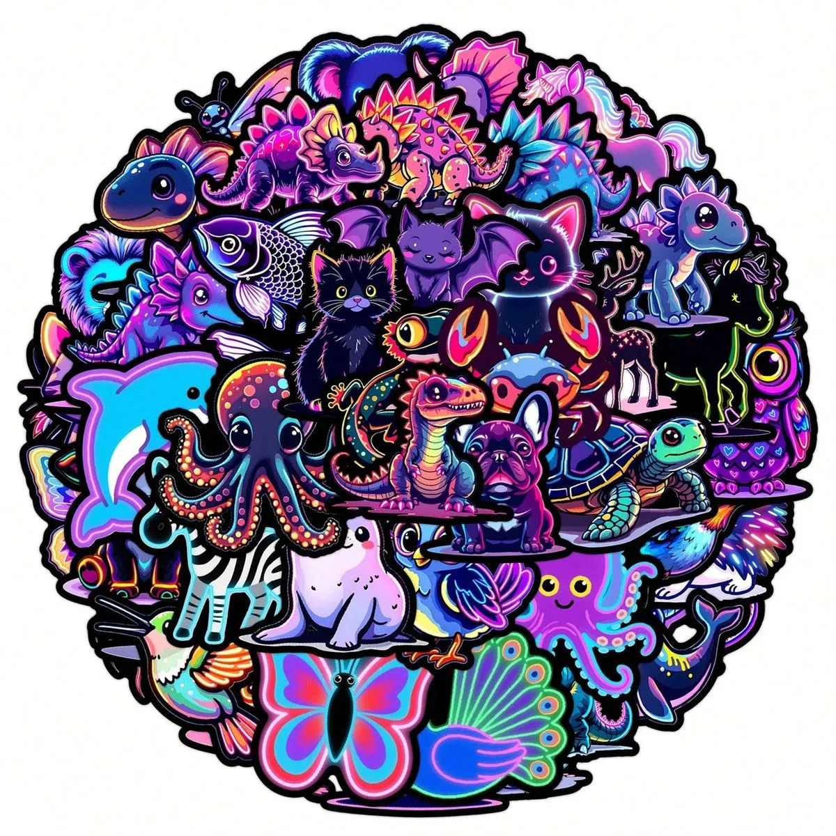 Kabukis 50pcs Neon Animal Stickers - Stunning Glow-Style Vinyl Pack