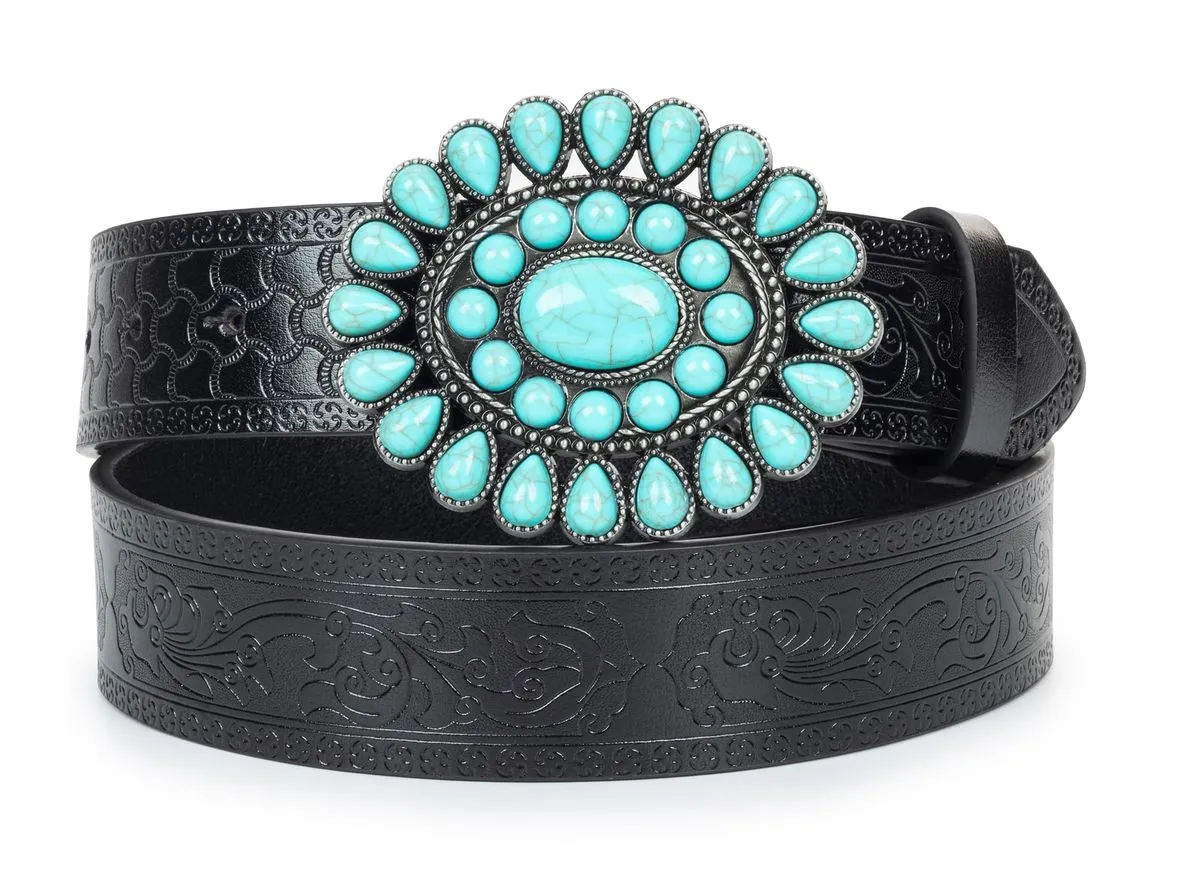 Women Vintage Western PU Leather Belt Cowgirl-Country-Boho Waist Belts - Black