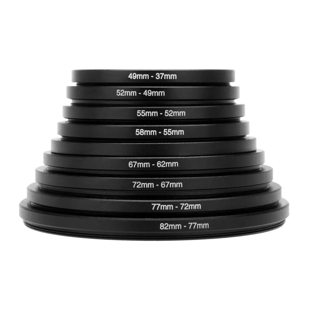 Step-Down Ring Kit for DSLR Cameras 9pcs Lens Adapter Thread Sizes 82-37