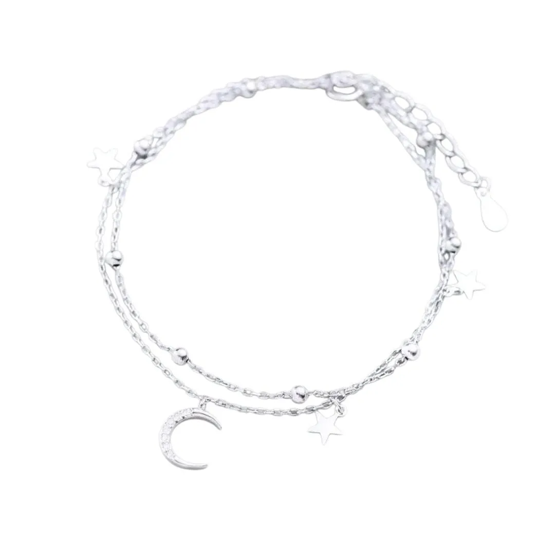 S925 Sterling Silver Double-Layer Star & Moon Bracelet for Women