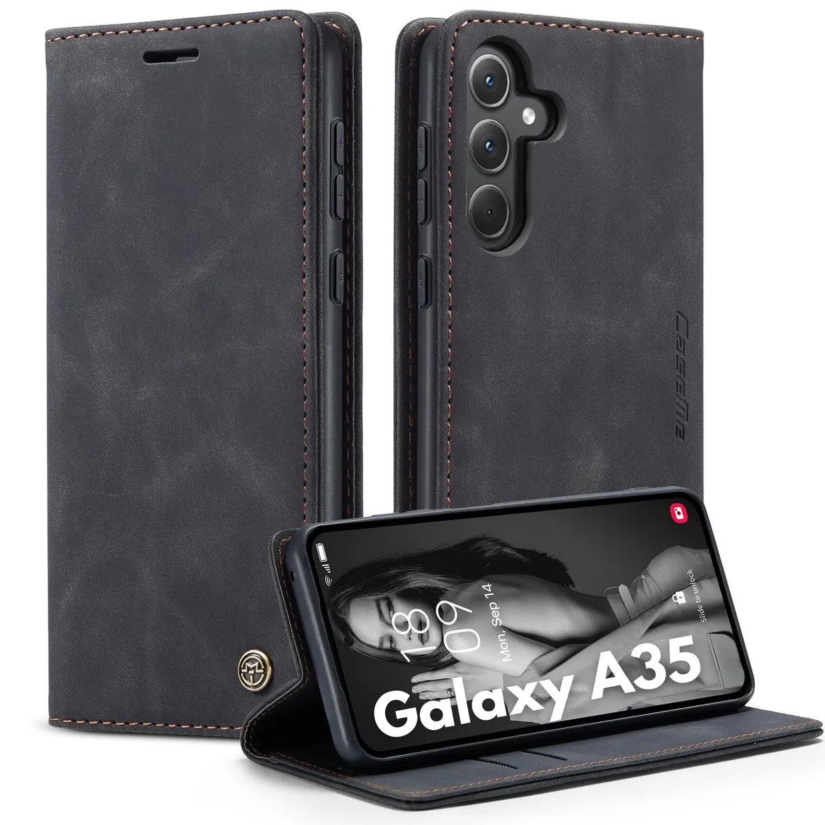 Retro Flip Case Compatible with Galaxy A35 Leather Wallet Cover - Black