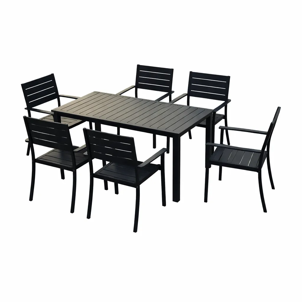 Outdoor Dining Set - Table + 6 Chairs - Black - 7 Piece Set