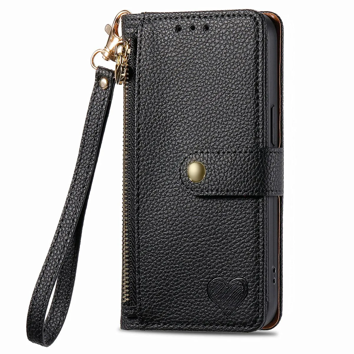 RFID Zip Leather Wallet Case Compatible With iPhone 14 Pro Max Cover - Black