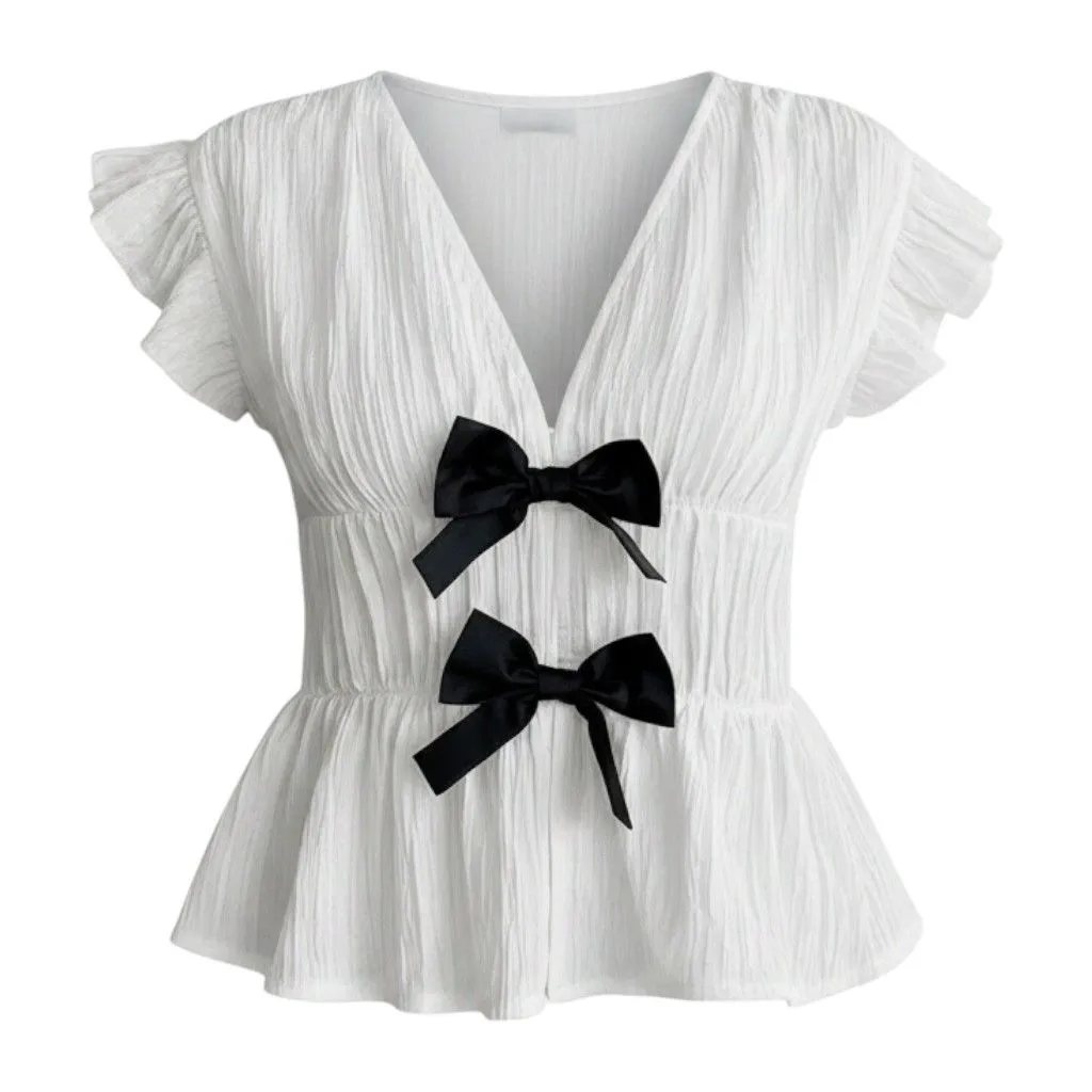 Bow Front Peplum Blouse - White & Black - M