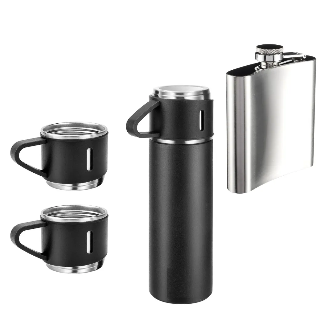 Stainless Steel Vacuum Flask For Hot & Cold Water and Stainless Steel Hip Flask - Black