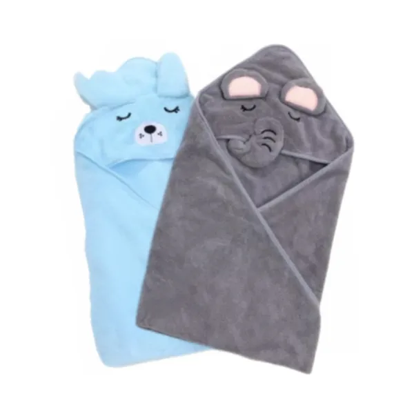 2-Pack Hooded Cartoon Coral Fleece Baby Swaddle & Bath Towels - Blue