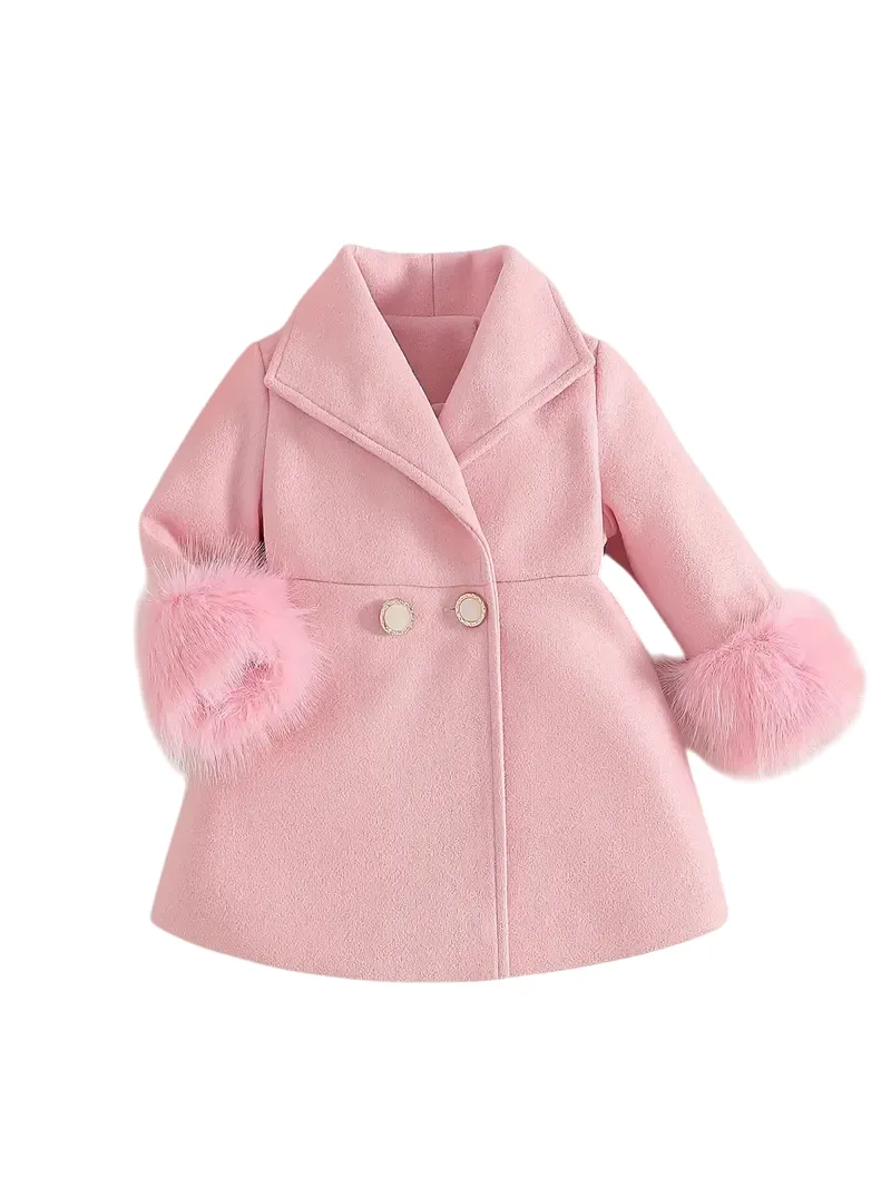 Cute Pink Baby Winter Button Coat With Fluffy Sleeves