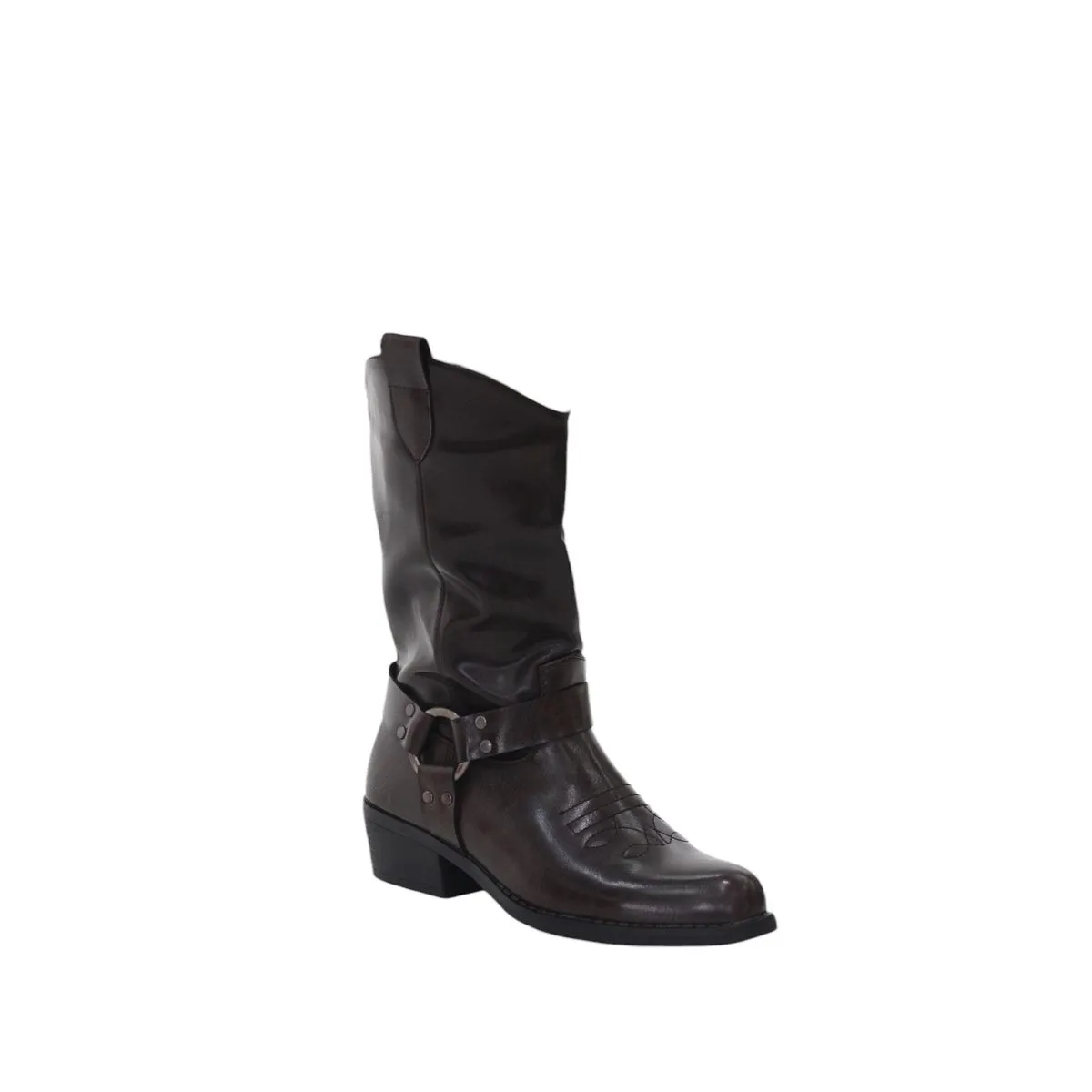 LaMara Paris Link Embroidered PU Mat 4cm Heel Mid Calf Boot Choc