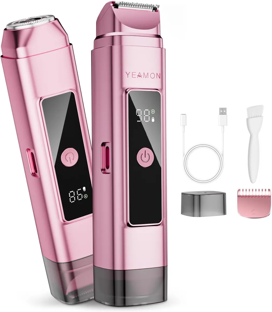 Electric Bikini Trimmer for Women with Dual Heads, Razor & Body Hair Shaver - Pink
