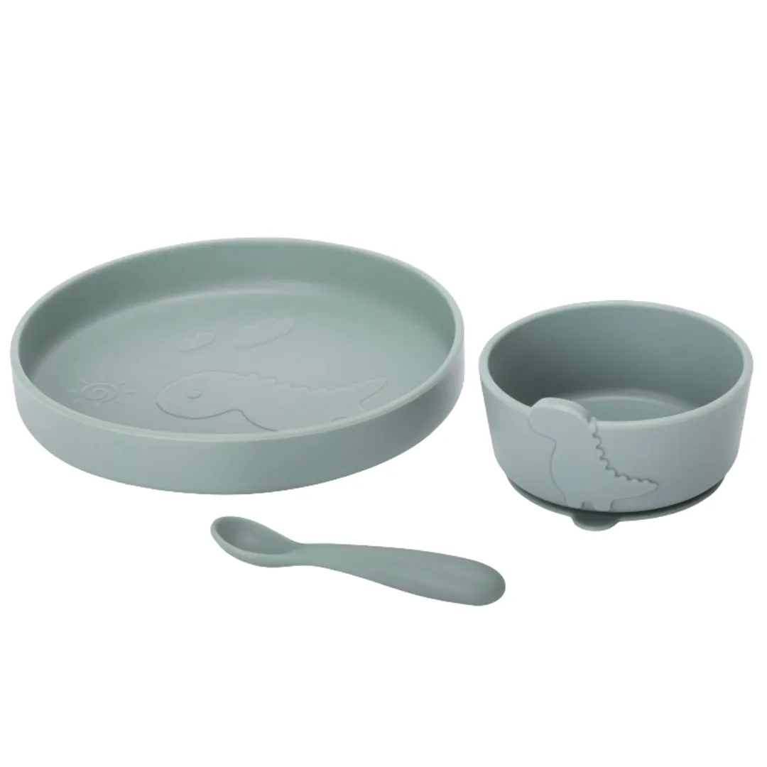 Dino Feast 3-Piece Silicone Dinosaur Feeding Bowl Set - Green Dinu