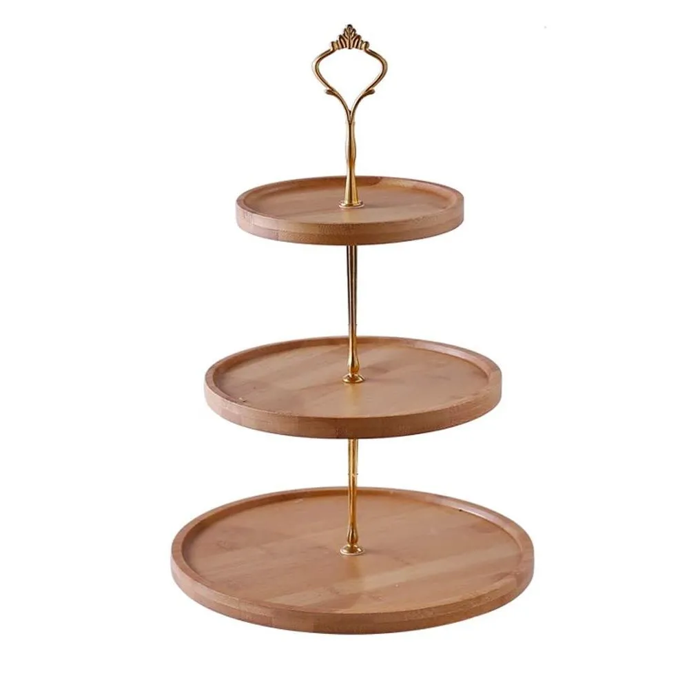 3-Tiered Decorative Bamboo Round Cupcakes & Fruits Stand & Serving Platter