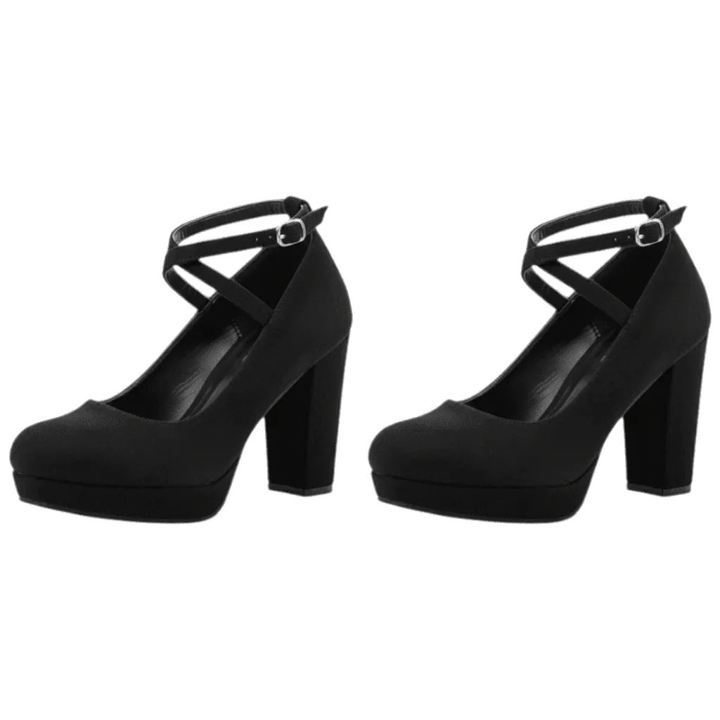 Women's Suede Cross-Strap Platform Block Heels - Black