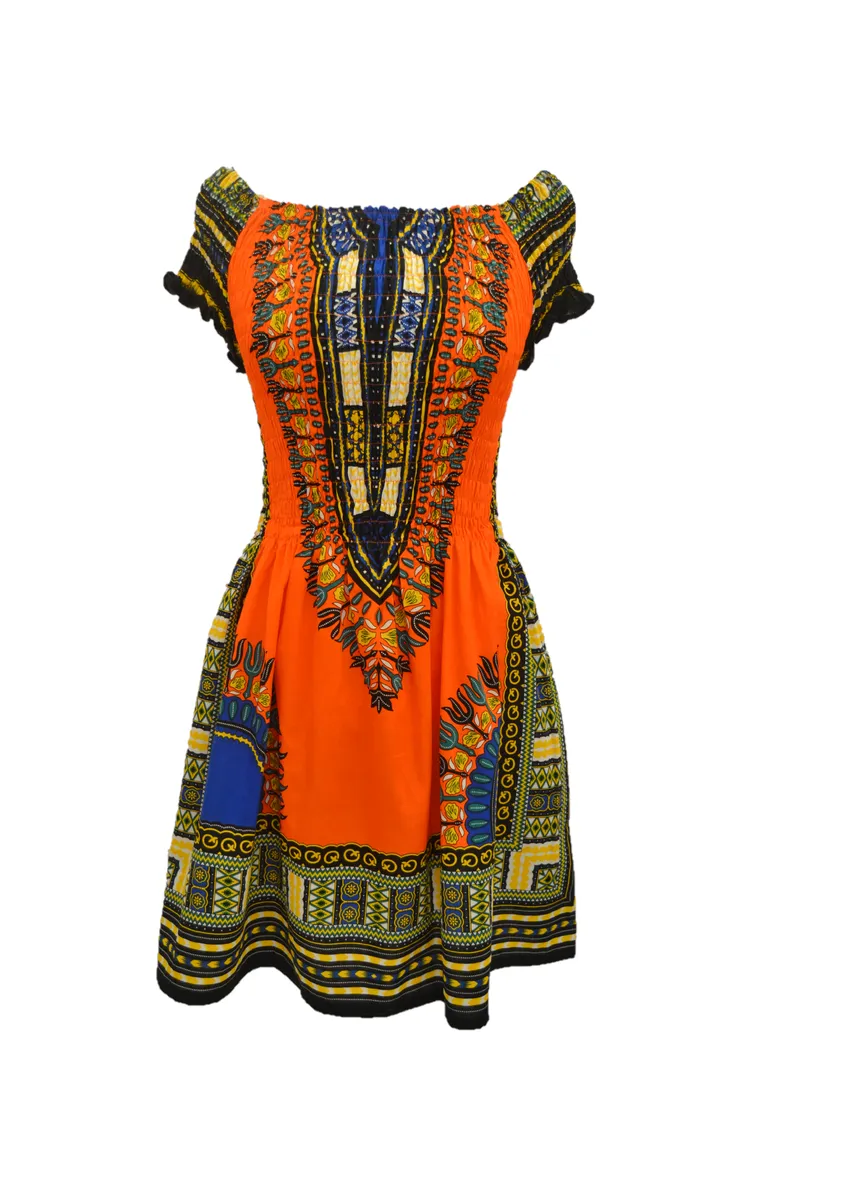 Smoked African Dashiki Printed Short Dress - Free Size - Orange