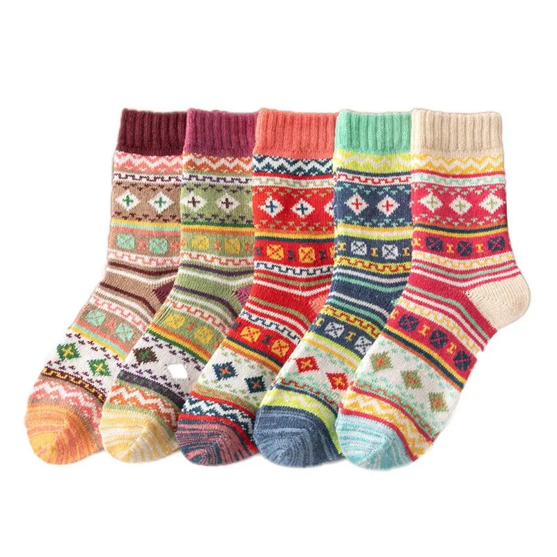 Polyester Socks Vintage Ethnic Geometric Pattern Winter Crew Socks - 5pcs