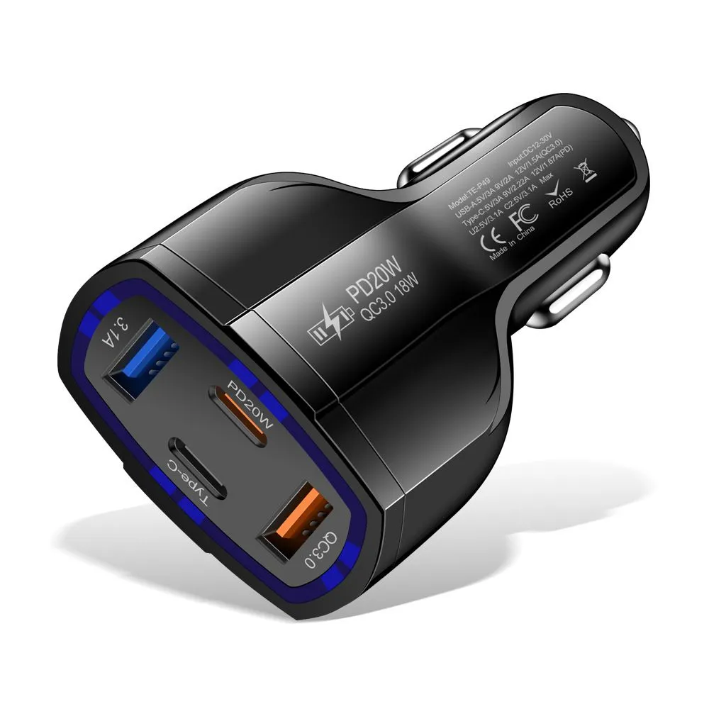 Black 4-Port Car Charger 2USB QC3.0 2PD 20W