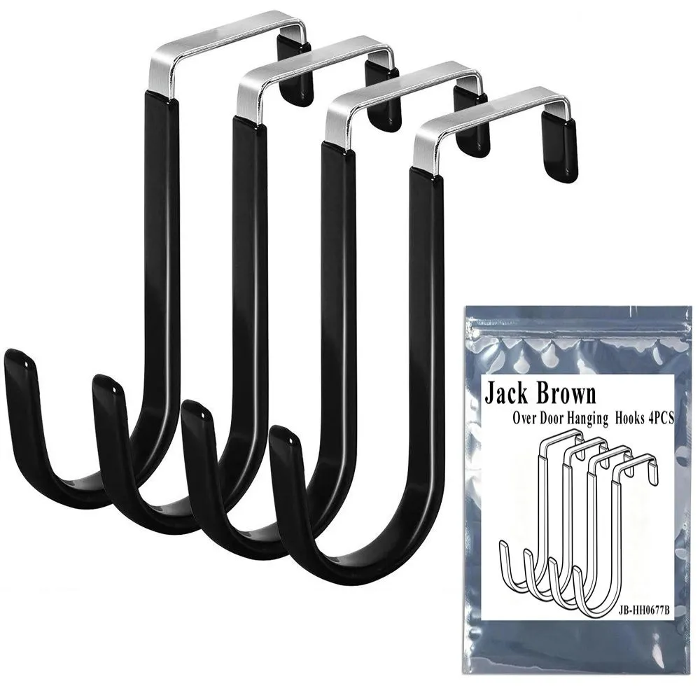 Jack Brown Strong Kitchen Bathroom Over Door Hanging Utility Hooks 4-Pieces - Black