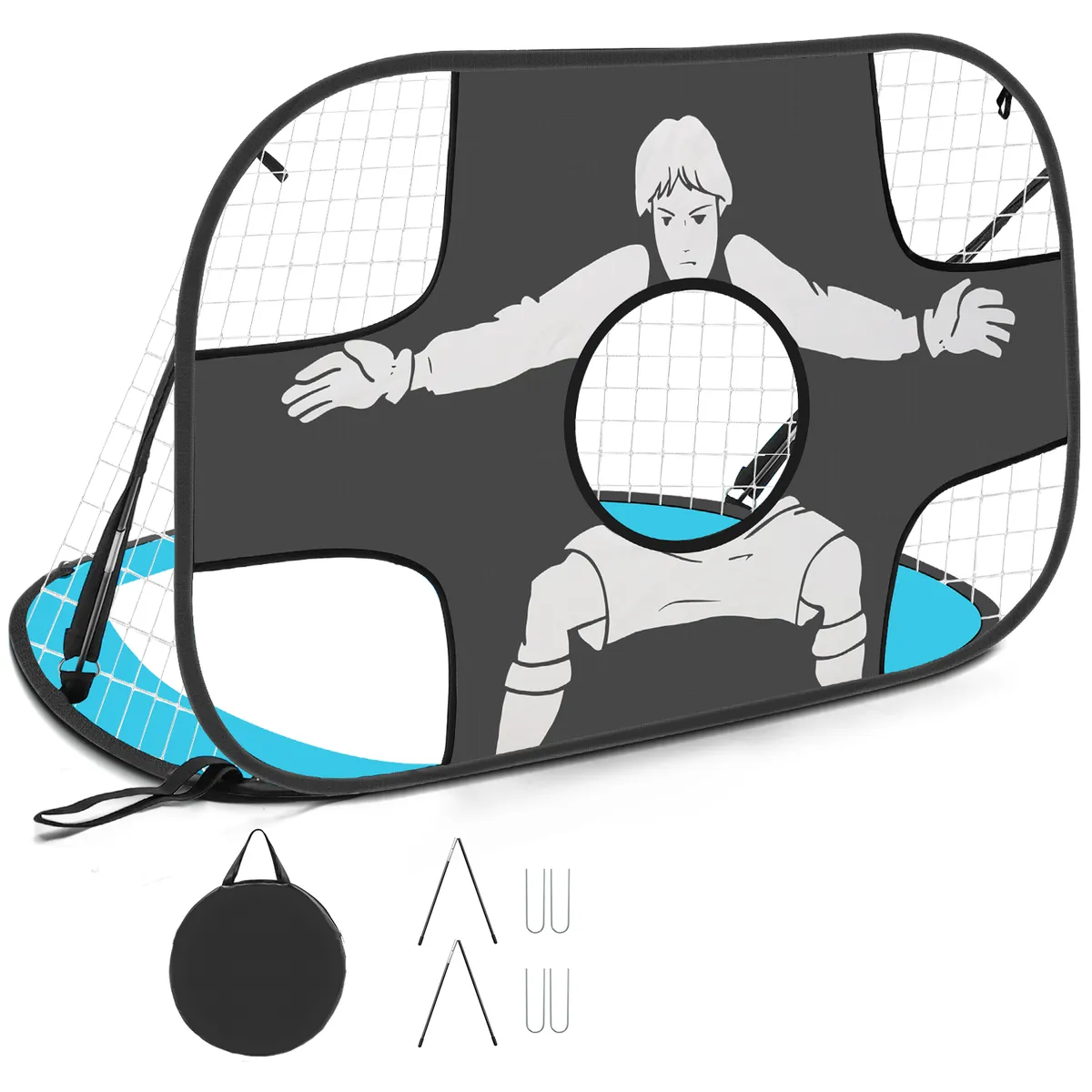 Portable Foldable Pop Up Football Goal with Target Holes for Kids Training - Blue