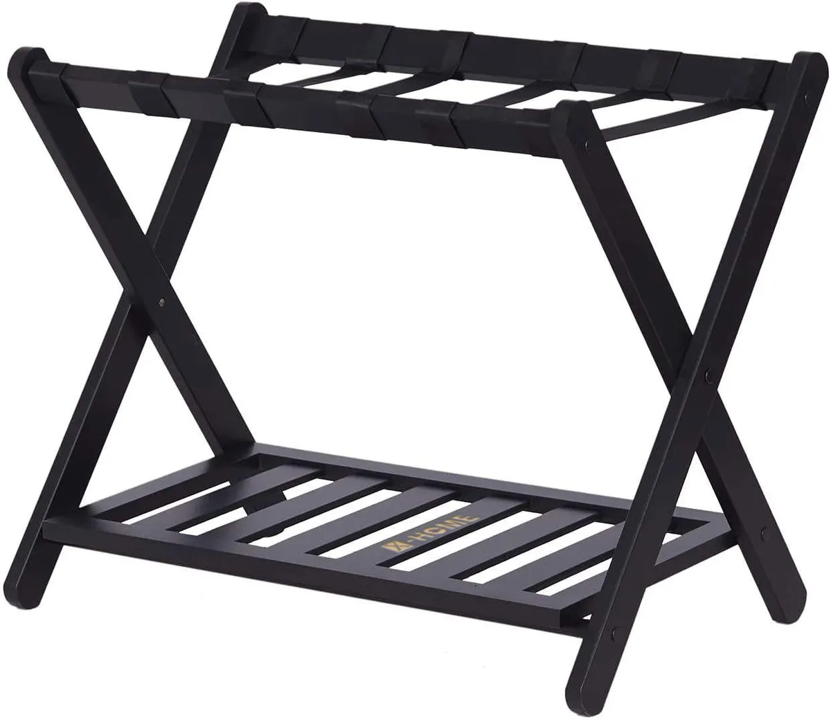 X-Home Foldable Bamboo Luggage Rack with Storage Shelf 6 Heavy Duty Straps - Black Bamboo