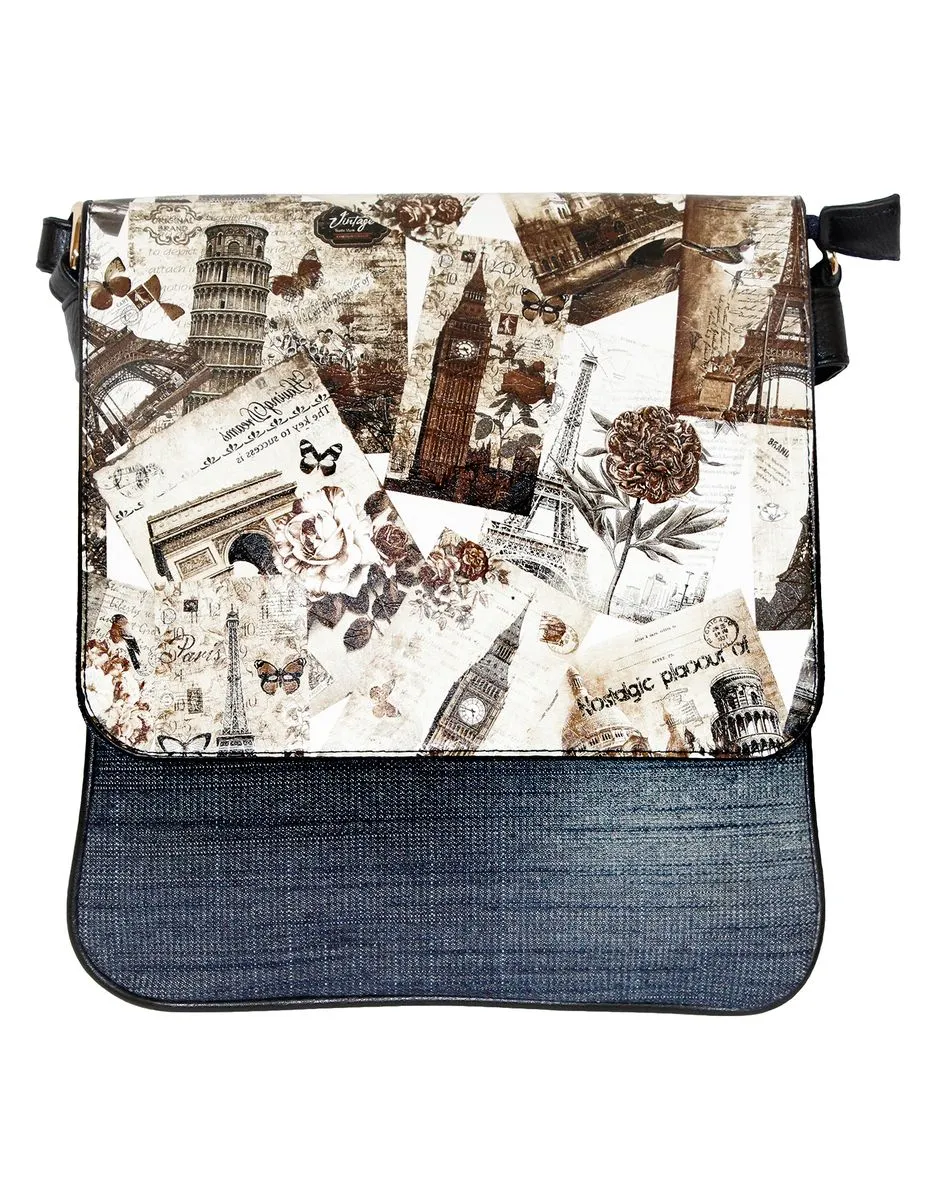 Fino A515-1858 Paris Tower Denim Crossbody/Sling Bag for Style - Brown