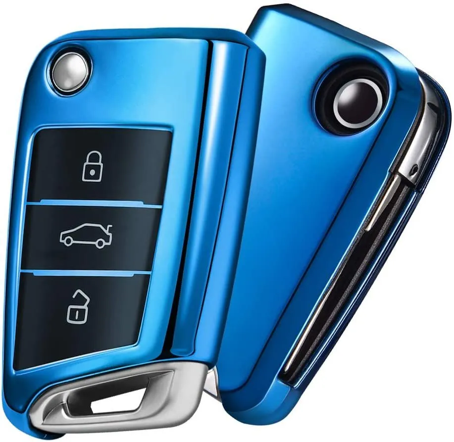 TPU Key Cover for VW TSi Polo Golf Tiguan - Metallic Blue & Piano Black