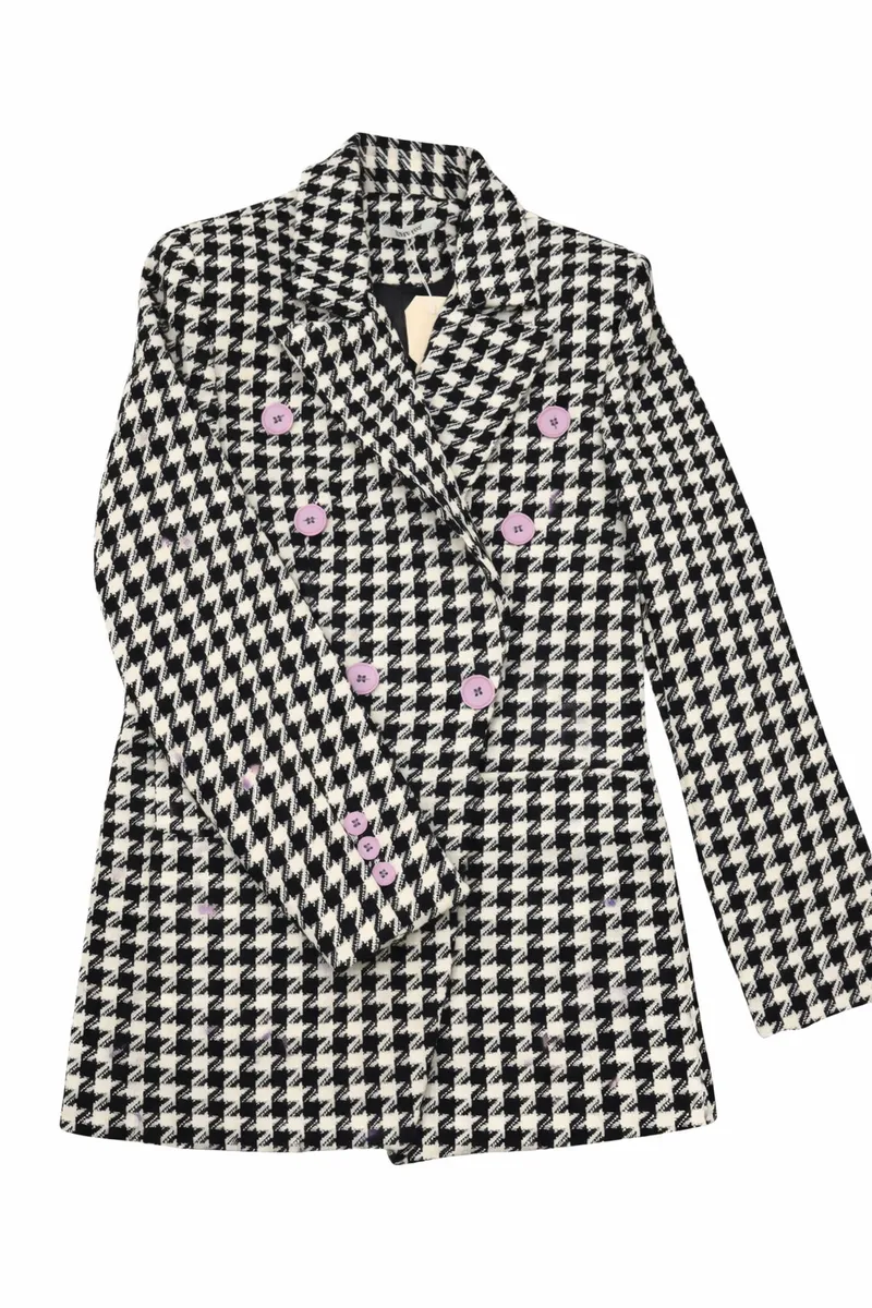 Houndstooth Double-Breasted Blazer with Lilac Buttons Black and White