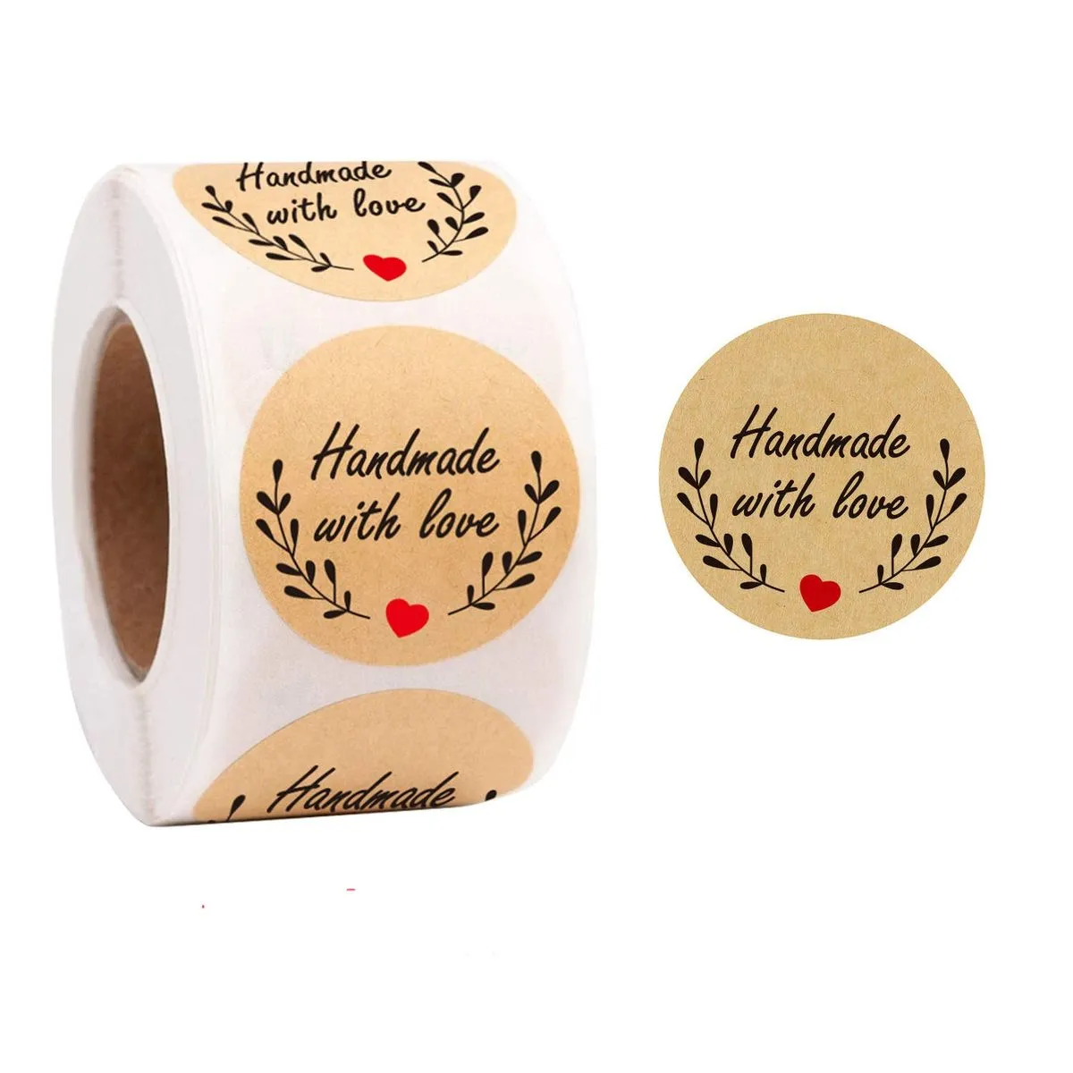 Kraft hand made with love Business stickers bakery florist gift 500 pieces